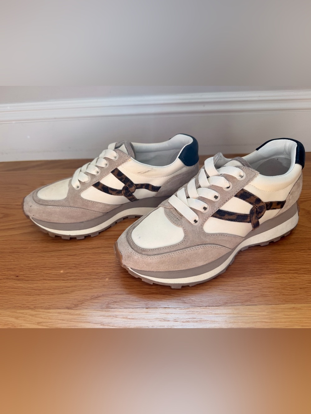 Veronica Beard Valentina Beige, White & Leopard Slip On Sneakers